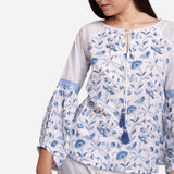 Front Detail of a Model wearing Blue Floral Block Printed Peasant Cotton Top