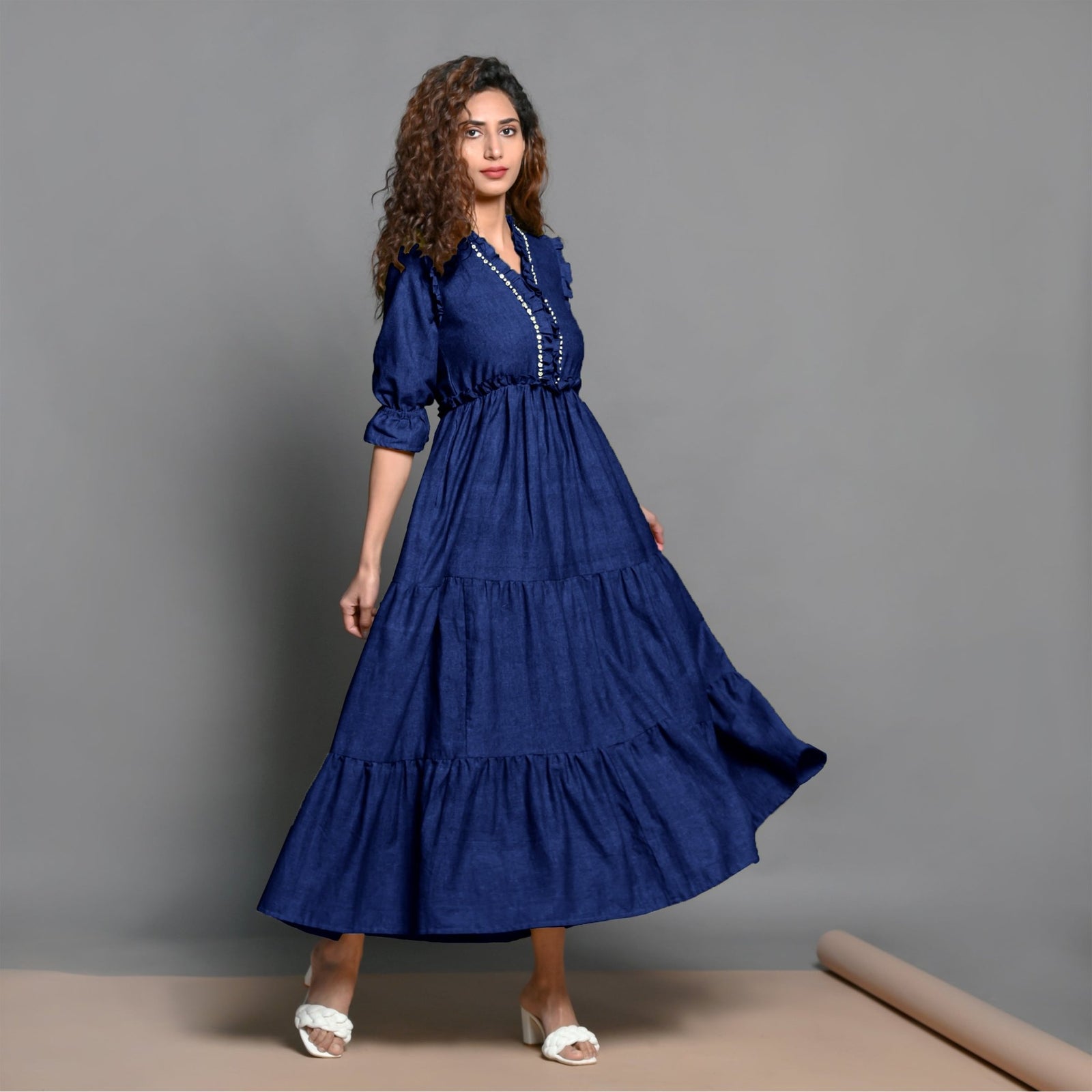 Blue Hand-Beaded Handspun Cotton Boho Maxi Dress 42