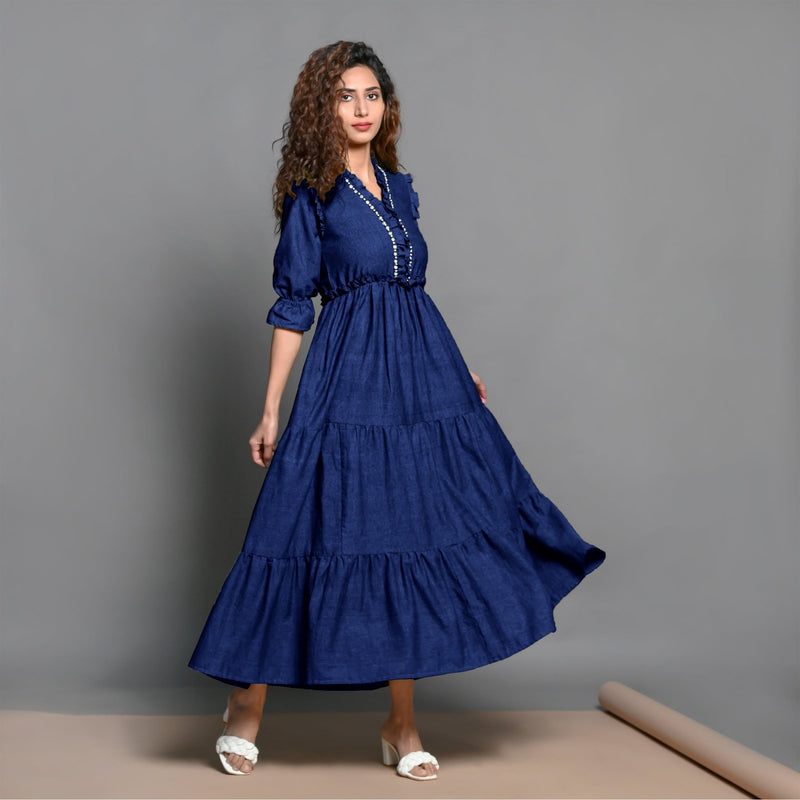 Blue Hand-Beaded Handspun Cotton Boho Maxi Dress 42 Blue Hand-Beaded Handspun Cotton Boho Maxi Dress 42
