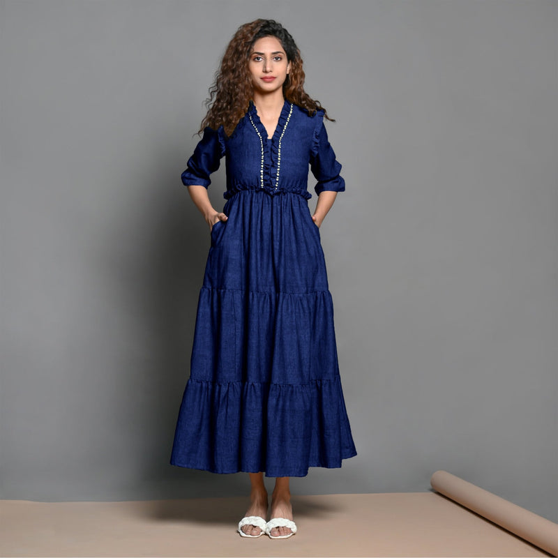 Blue Hand-Beaded Handspun Cotton Boho Maxi Dress 42" / Petite (5'1" and below) Blue Hand-Beaded Handspun Cotton Boho Maxi Dress 42" / Petite (5'1" and below)