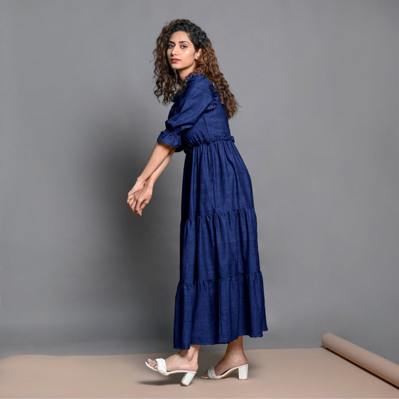 Blue Hand-Beaded Handspun Cotton Boho Maxi Dress