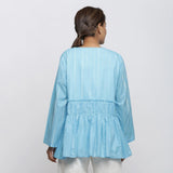 Back View of a Model wearing Blue Hand Tie-Dye Cotton Asymmetrical Outerwear