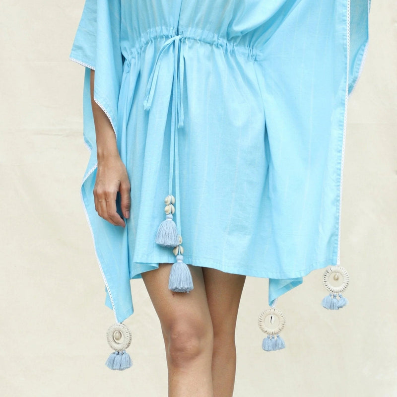 Front Detail of a Model wearing Blue Hand Tie-Dye Cotton Short Kaftan Dress