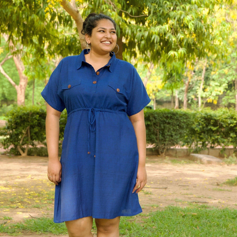 Blue Handspun 100% Cotton Short Safari Dress