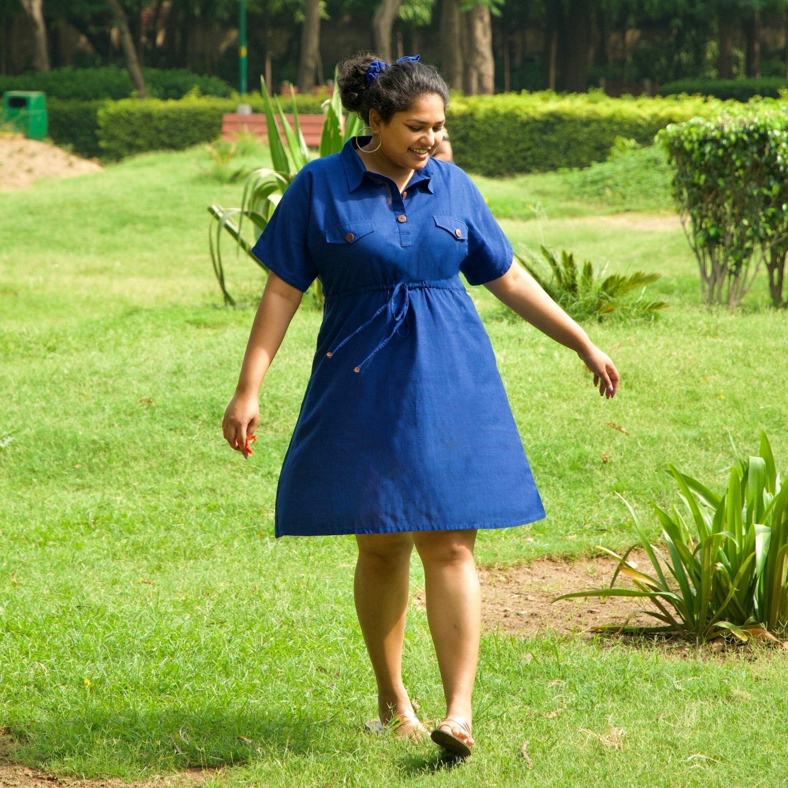 Blue Handspun 100% Cotton Short Safari Dress 58