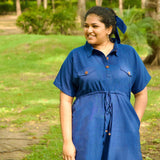 Blue Handspun 100% Cotton Short Safari Dress