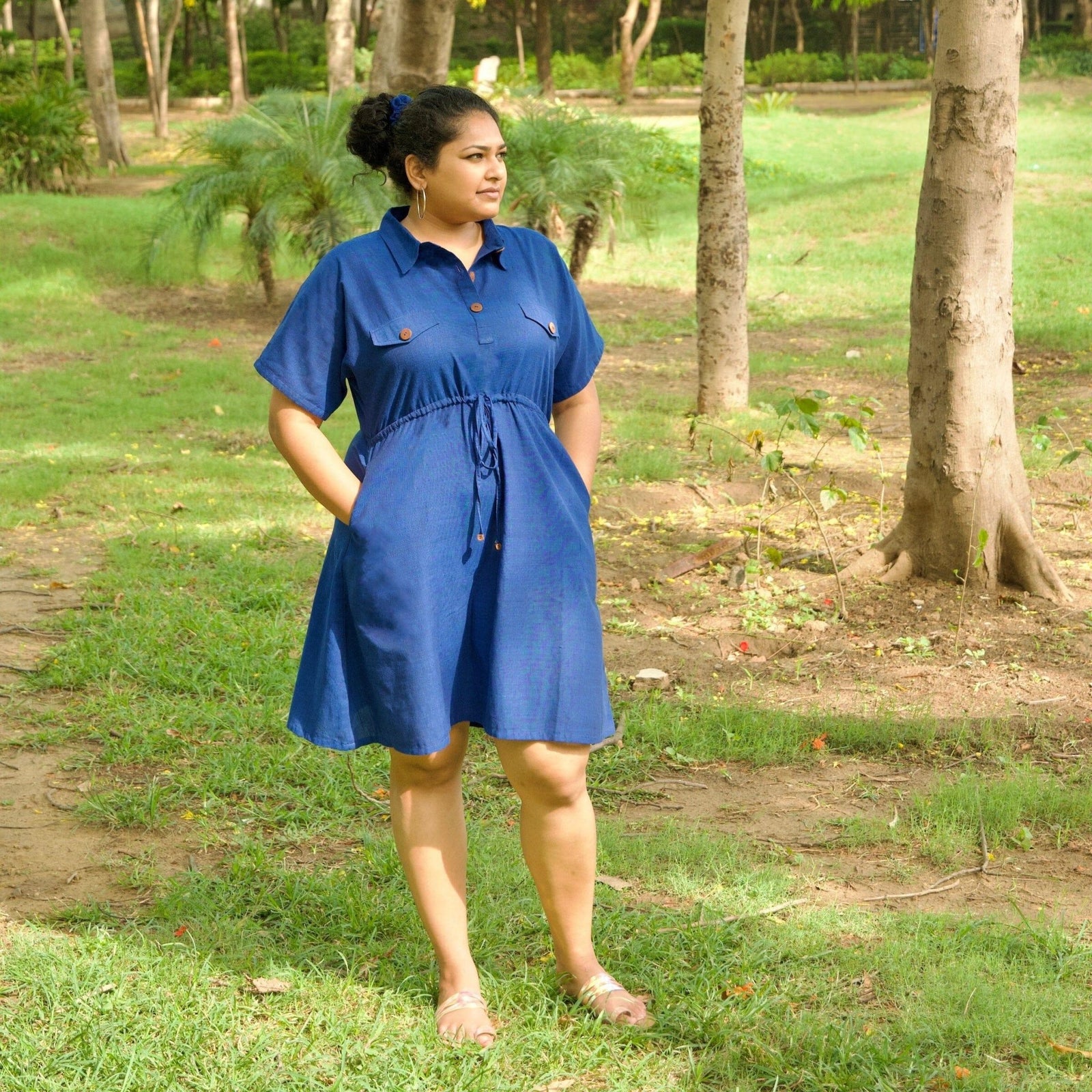 Blue Handspun 100% Cotton Short Safari Dress 46