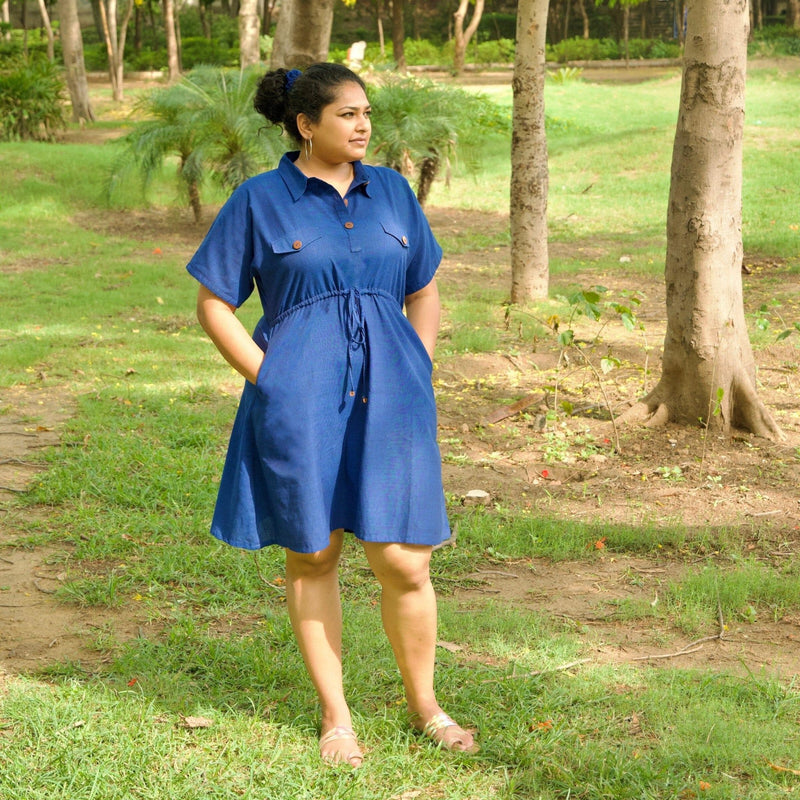 Blue Handspun 100% Cotton Short Safari Dress 58