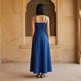 Blue Handspun Cotton Ankle Length Flared Sundress
