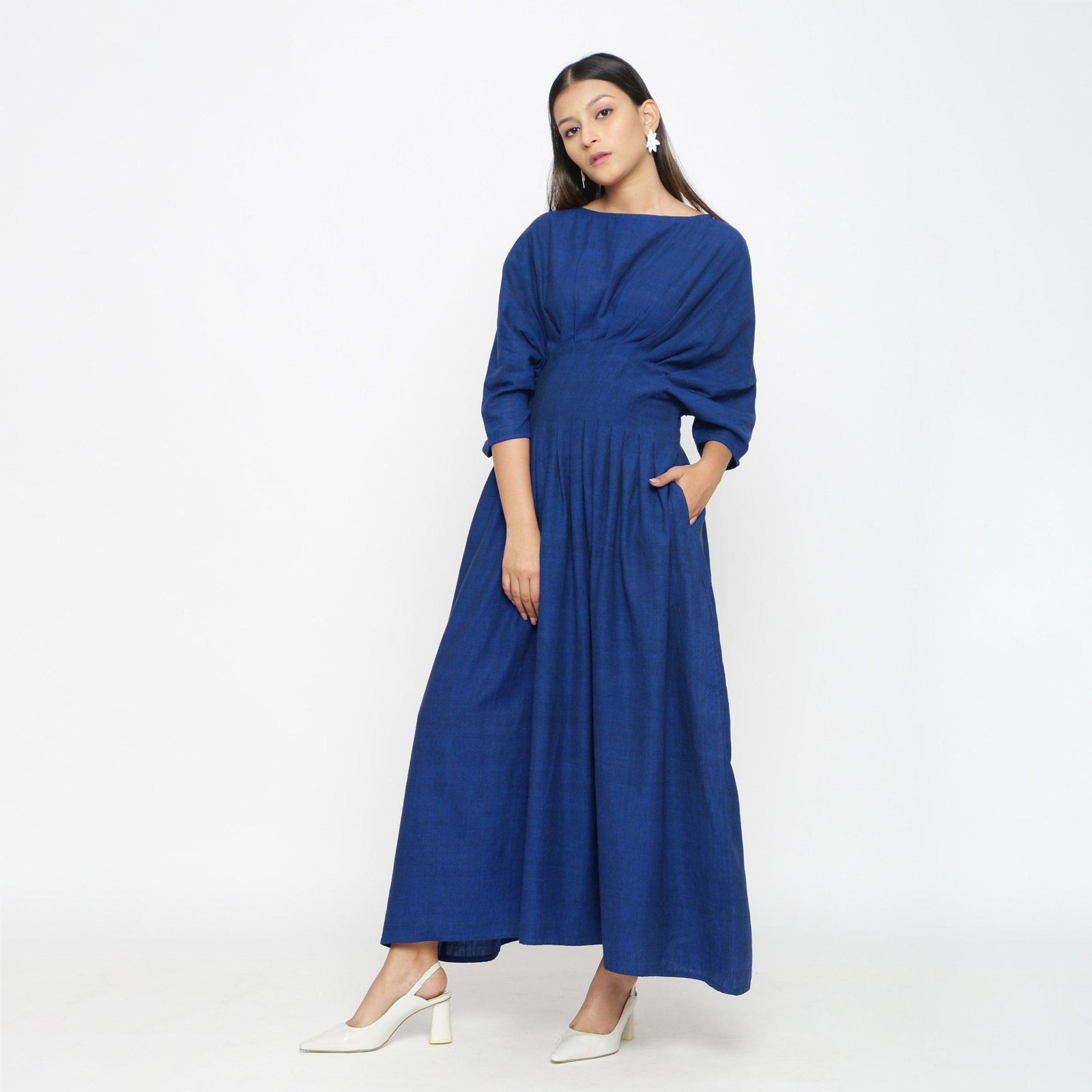 Blue Handspun Cotton Ankle Length Pleated Flared Dress 66