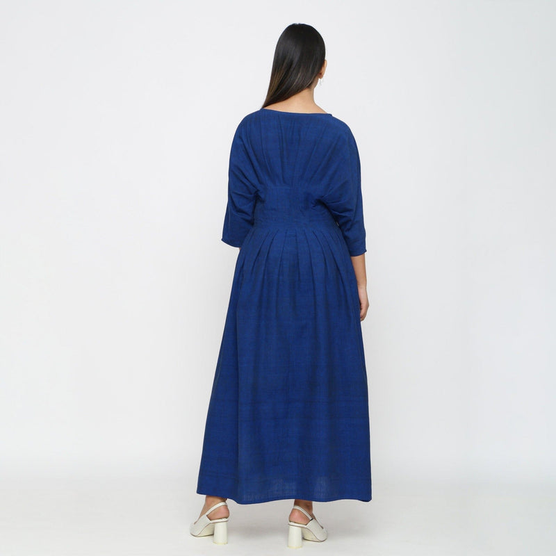 Blue Handspun Cotton Ankle Length Pleated Flared Dress