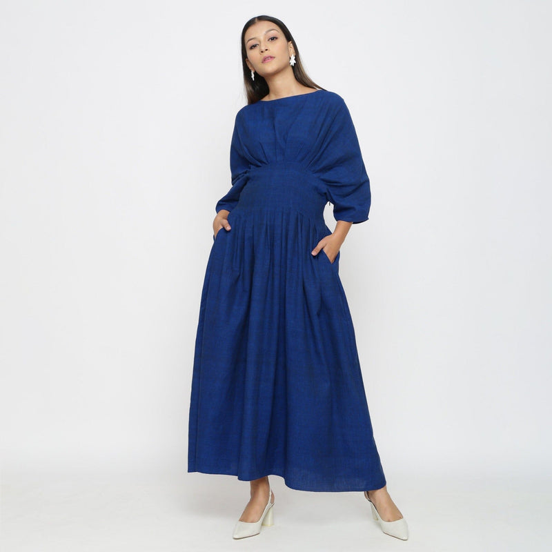 Blue Handspun Cotton Ankle Length Pleated Flared Dress