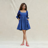Blue Handspun Cotton Bohemian Gathered Short Dress