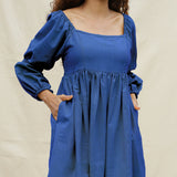 Blue Handspun Cotton Bohemian Gathered Short Dress
