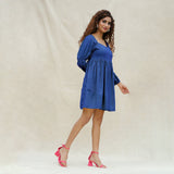 Blue Handspun Cotton Bohemian Gathered Short Dress