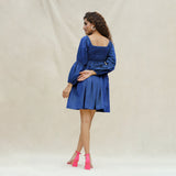 Blue Handspun Cotton Bohemian Gathered Short Dress