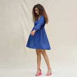 Blue Handspun Cotton Bohemian Gathered Short Dress
