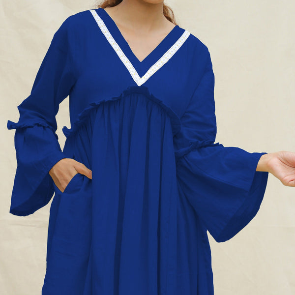 Blue Handspun Cotton Bohemian Midi Dress