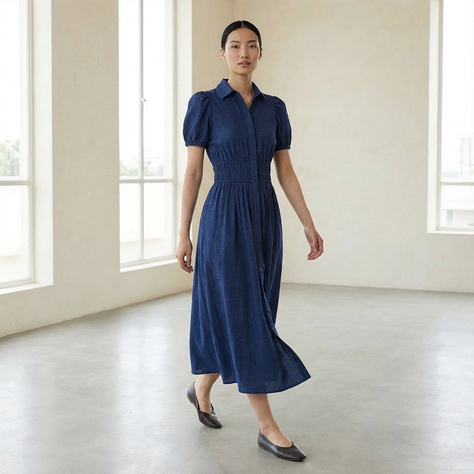 Blue Handspun Cotton Button-Down Midi Shirt Dress Custom Size (Free) / Custom Height (Free)