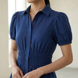 Blue Handspun Cotton Button-Down Midi Shirt Dress