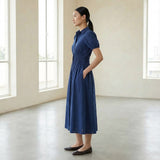Blue Handspun Cotton Button-Down Midi Shirt Dress
