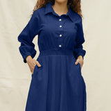 Blue Handspun Cotton Button-Down Yoked Maxi Dress