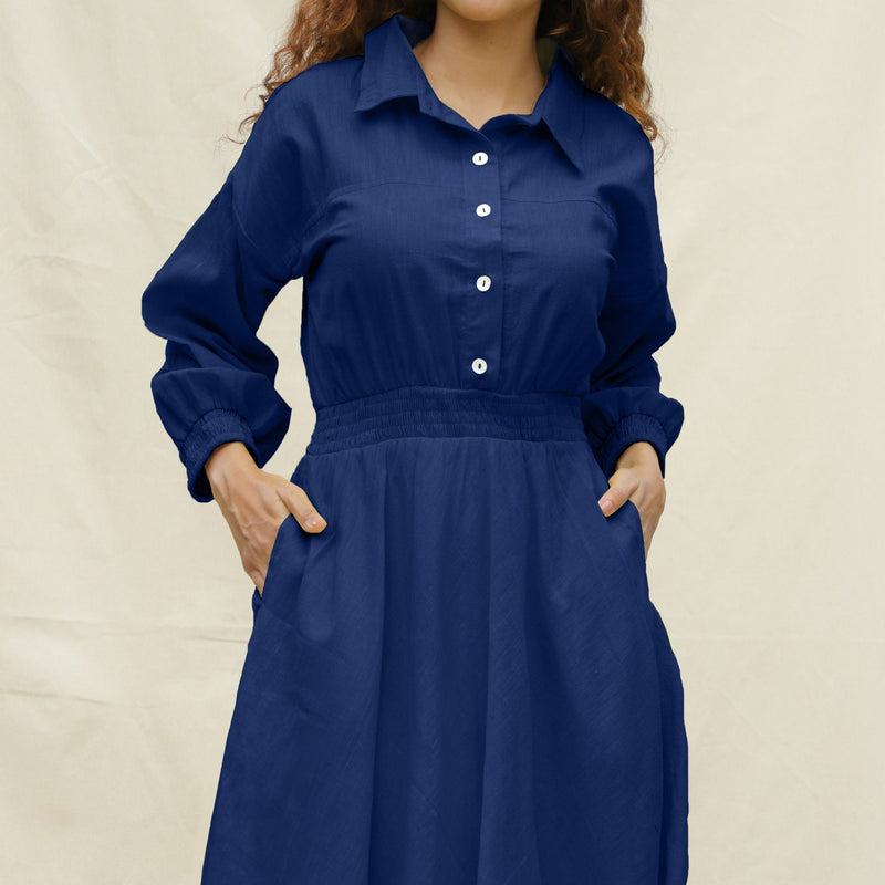 Blue Handspun Cotton Button-Down Yoked Maxi Dress