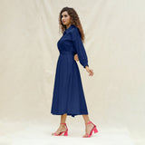 Blue Handspun Cotton Button-Down Yoked Maxi Dress