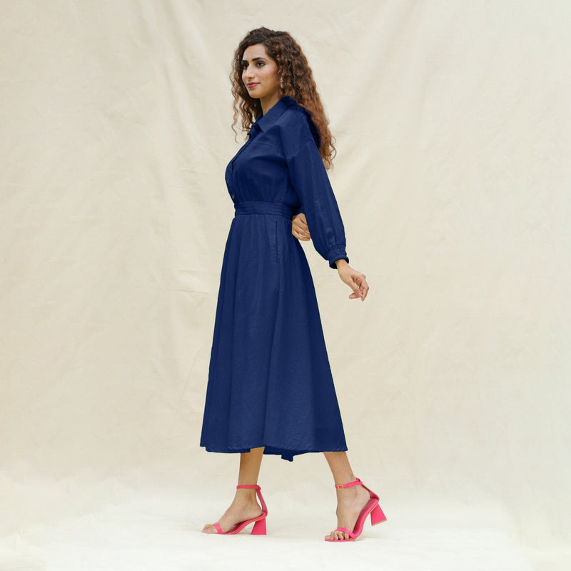 Blue Handspun Cotton Button-Down Yoked Maxi Dress
