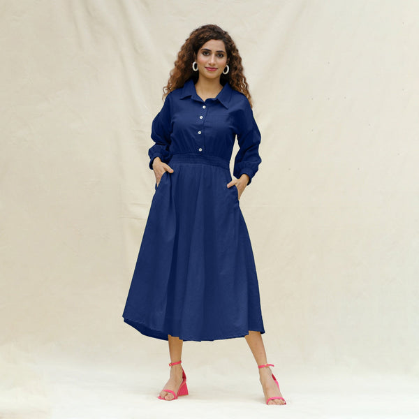 Blue Handspun Cotton Button-Down Yoked Maxi Dress
