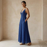 Blue Handspun Cotton Deep V-Neck Cami Maxi Dress