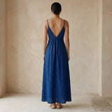 Blue Handspun Cotton Deep V-Neck Cami Maxi Dress