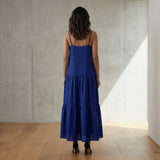 Blue Handspun Cotton Drop-Waist Camisole Maxi Tier Dress