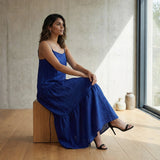 Blue Handspun Cotton Drop-Waist Camisole Maxi Tier Dress
