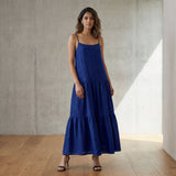 Blue Handspun Cotton Drop-Waist Camisole Maxi Tier Dress