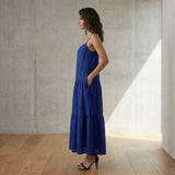 Blue Handspun Cotton Drop-Waist Camisole Maxi Tier Dress