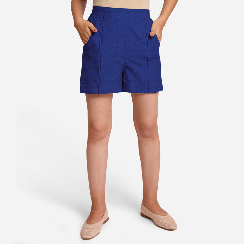 Blue Handspun Cotton Elasticated Casual Shorts