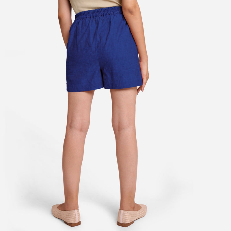 Blue Handspun Cotton Elasticated Casual Shorts