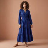 Blue Handspun Cotton Fit and Flare Maxi Tier Dress