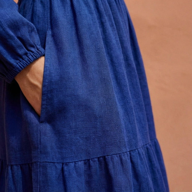 Blue Handspun Cotton Fit and Flare Maxi Tier Dress 28" / Custom Height (Free)