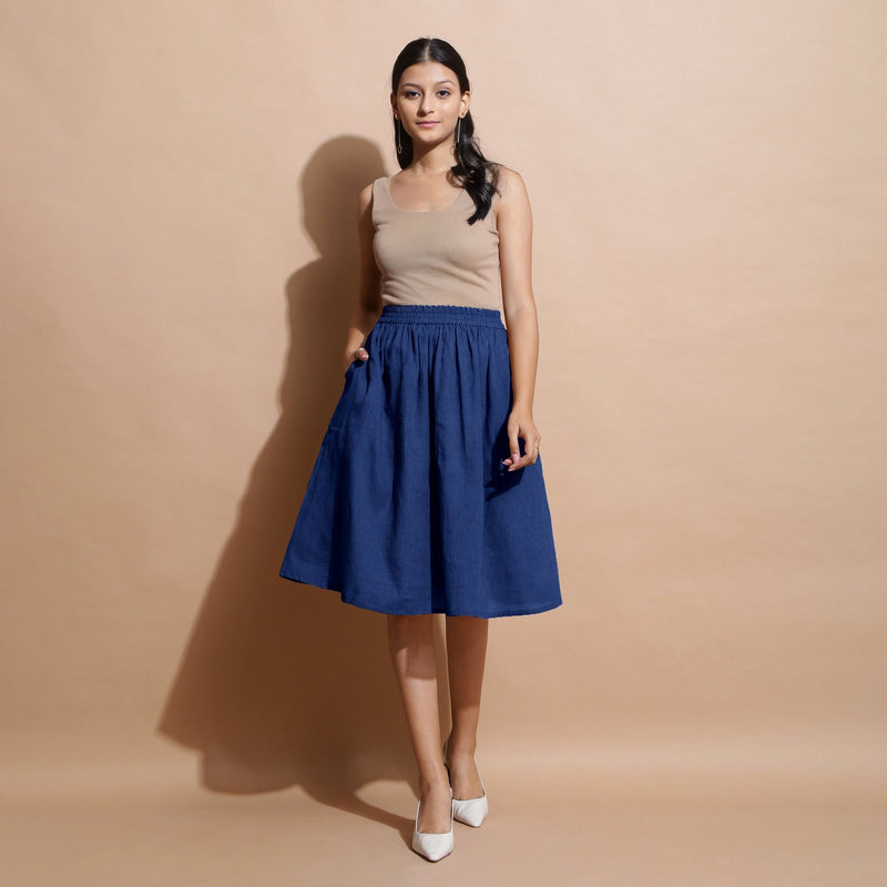 Blue Handspun Cotton Flared Elasticated Knee Length Skirt