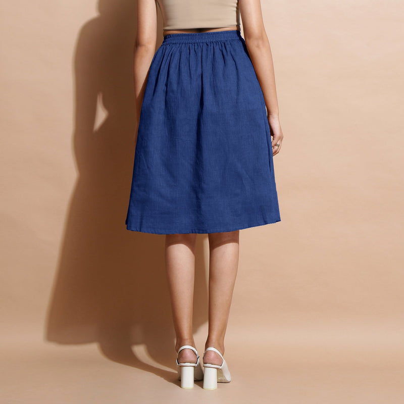 Blue Handspun Cotton Flared Elasticated Knee Length Skirt