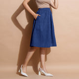 Blue Handspun Cotton Flared Elasticated Knee Length Skirt