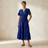 Blue Handspun Cotton Flutter Sleeve Tie-Back Tiered Midi Dress