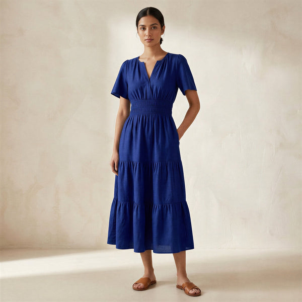 shibori tie back tiered cotton midi dress Blue Handspun Flutter Sleeve Tie-Back Petite dresses Color:Davenport Stripe denim clothing boutique Sheer-Bodice Long Prom Dress: 🏻 Handmade in India