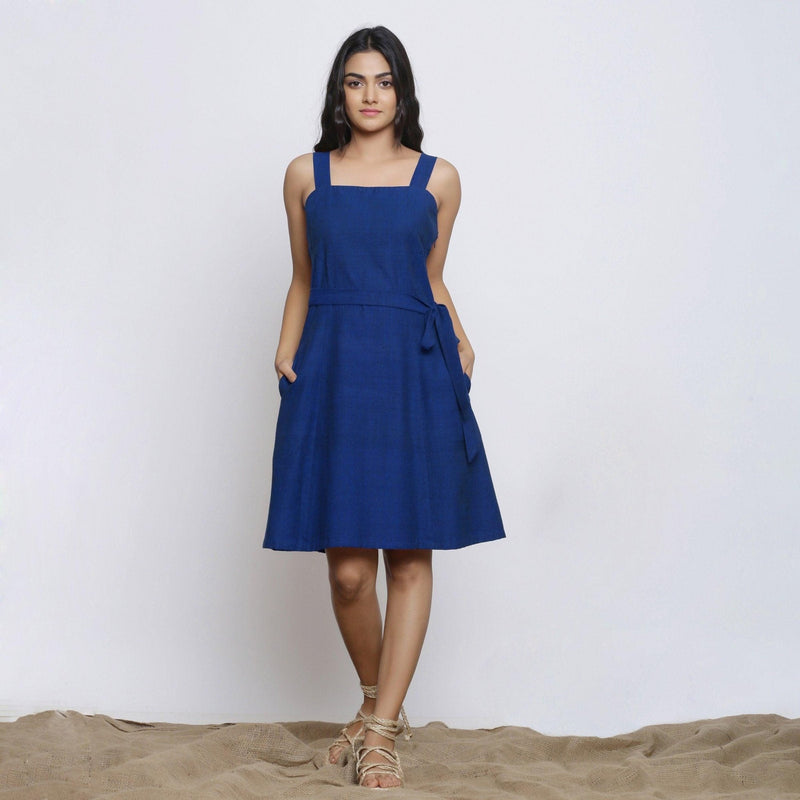 Front View of a Model wearing Blue Handspun Knee Length Dress