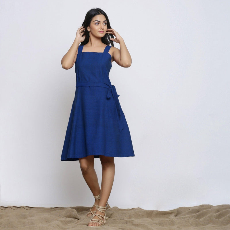 Front View of a Model wearing Blue Handspun Knee Length Dress