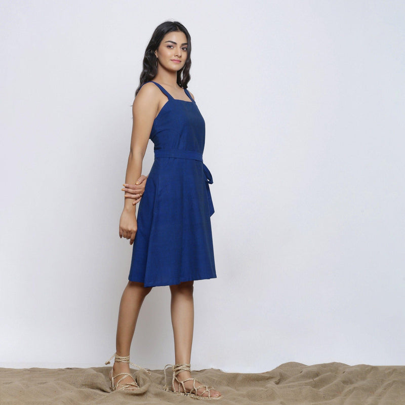 Right View of a Model wearing Blue Handspun Knee Length Dress