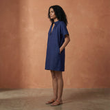 Blue Handspun Cotton Mandarin Collar A-Line Short Dress