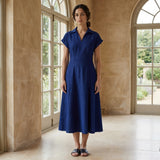 Blue Handspun Cotton Paneled A-Line Midi Dress